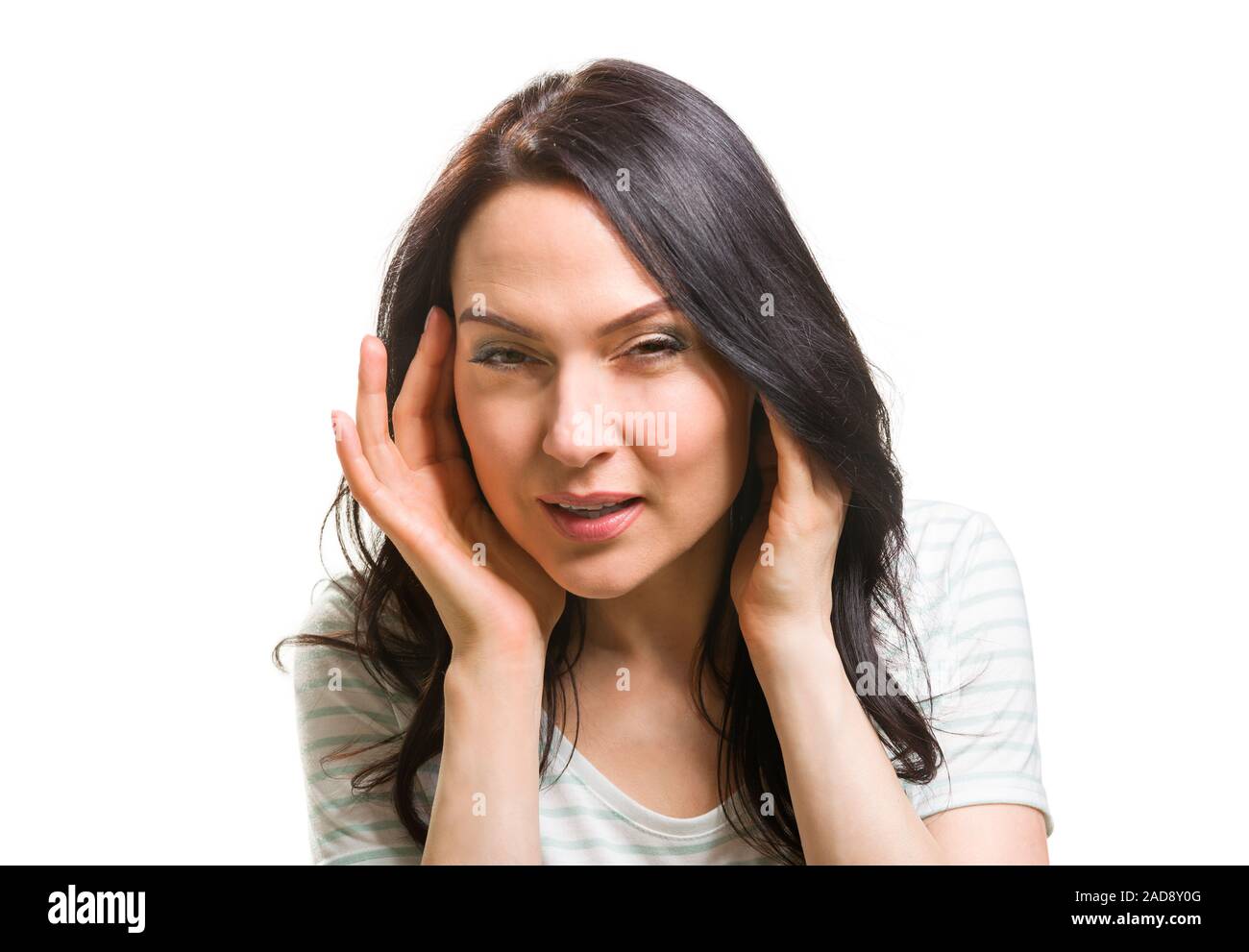 Woman without her glasses can't see Close up portrait Stock Photo - Alamy