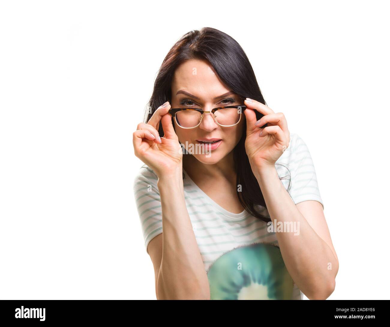 Woman with her glasses lifted up can't see Stock Photo Alamy
