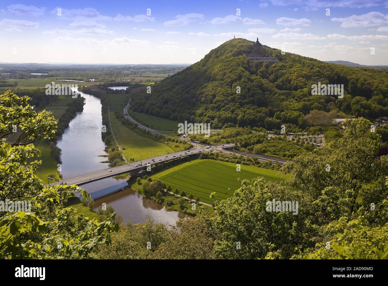 View from the viewpoint Porta-Kanzel to the Kaiser Wilhelm Monument, Porta Westfalica, Germany Stock Photo