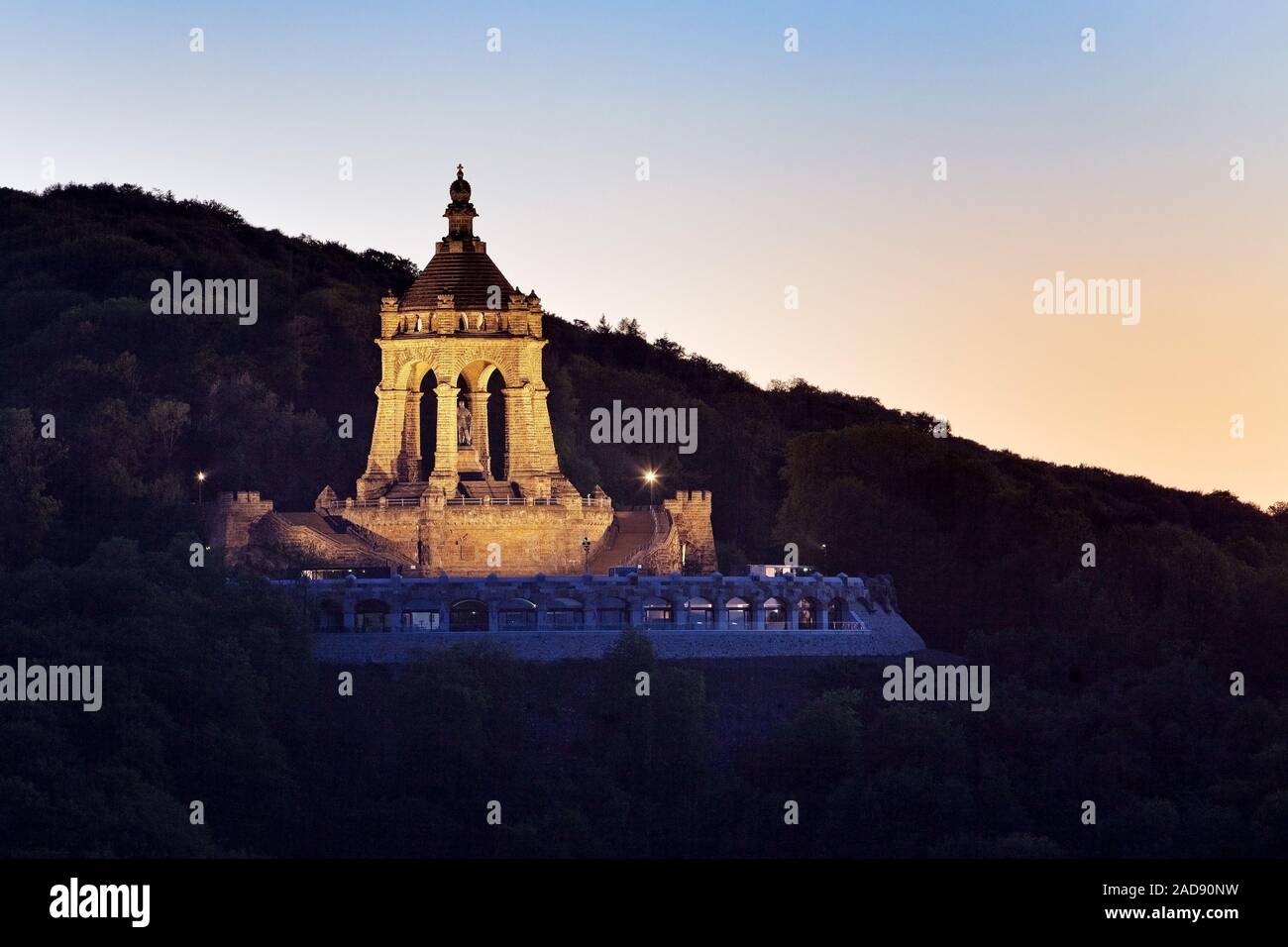 Illuminated Kaiser Wilhelm Monument, Porta Westfalica, North Rhine-Westphalia, Germany, Europe Stock Photo