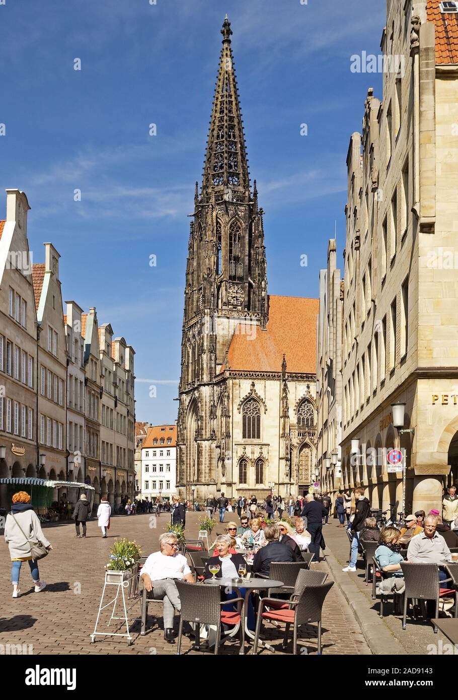 Prinzipalmarkt, historic principal marketplace and St. Lambert´s Church, Muenster, Germany, Europe Stock Photo