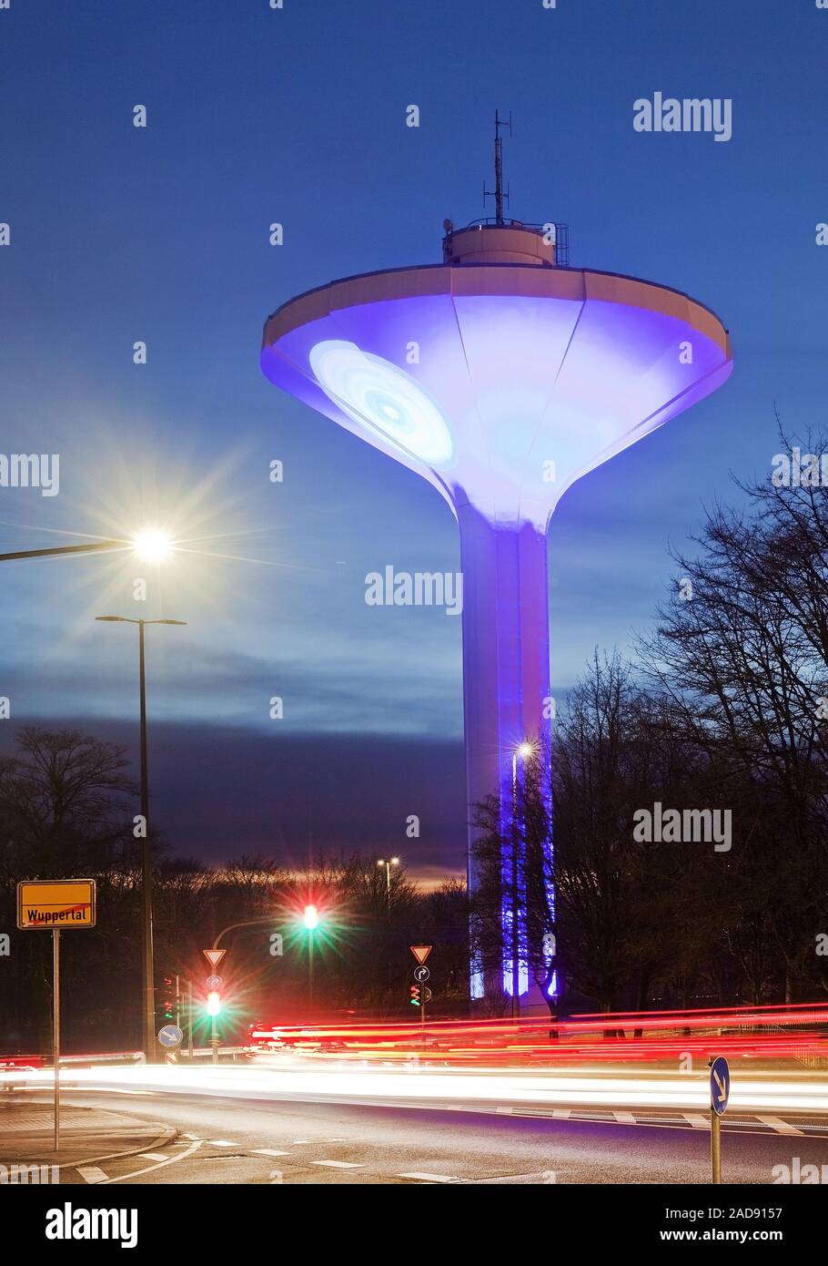 illuminated water tower Lichtscheid in the evening, Wuppertal, North Rhine-Westphalia, Germany Stock Photo