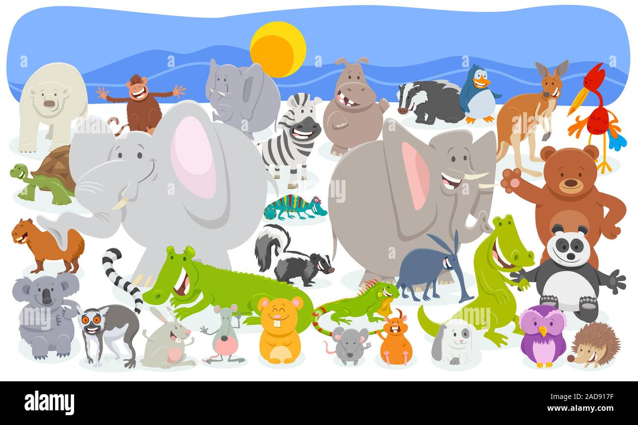cartoon animal characters crowd background Stock Photo - Alamy