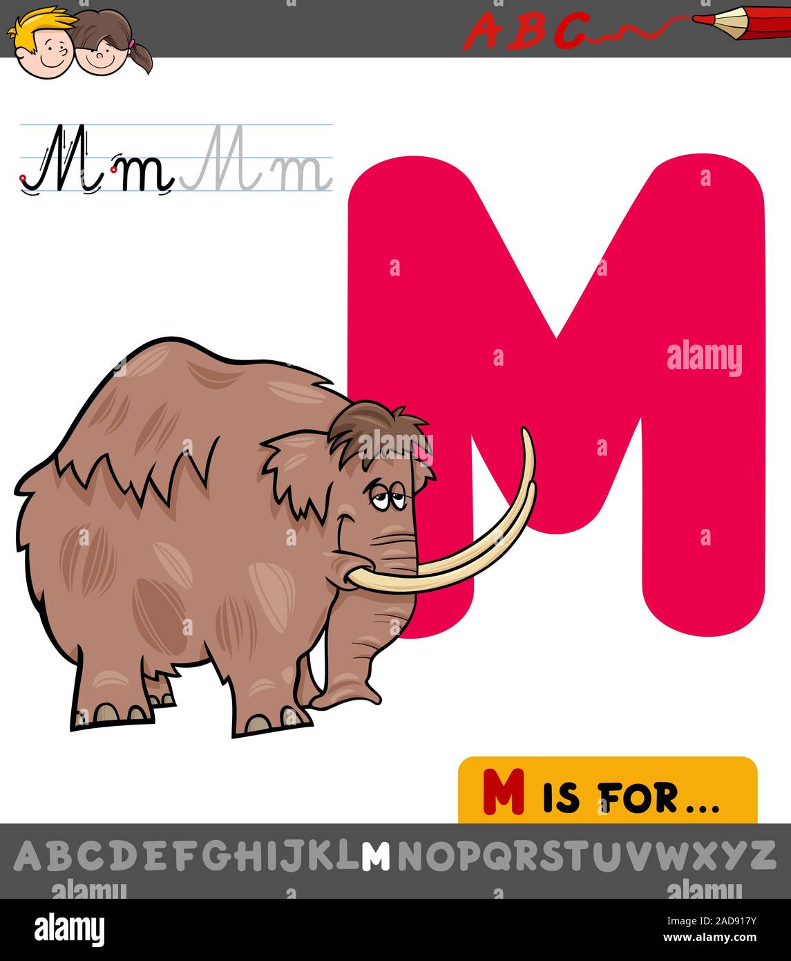 letter M worksheet with cartoon mammoth Stock Photo