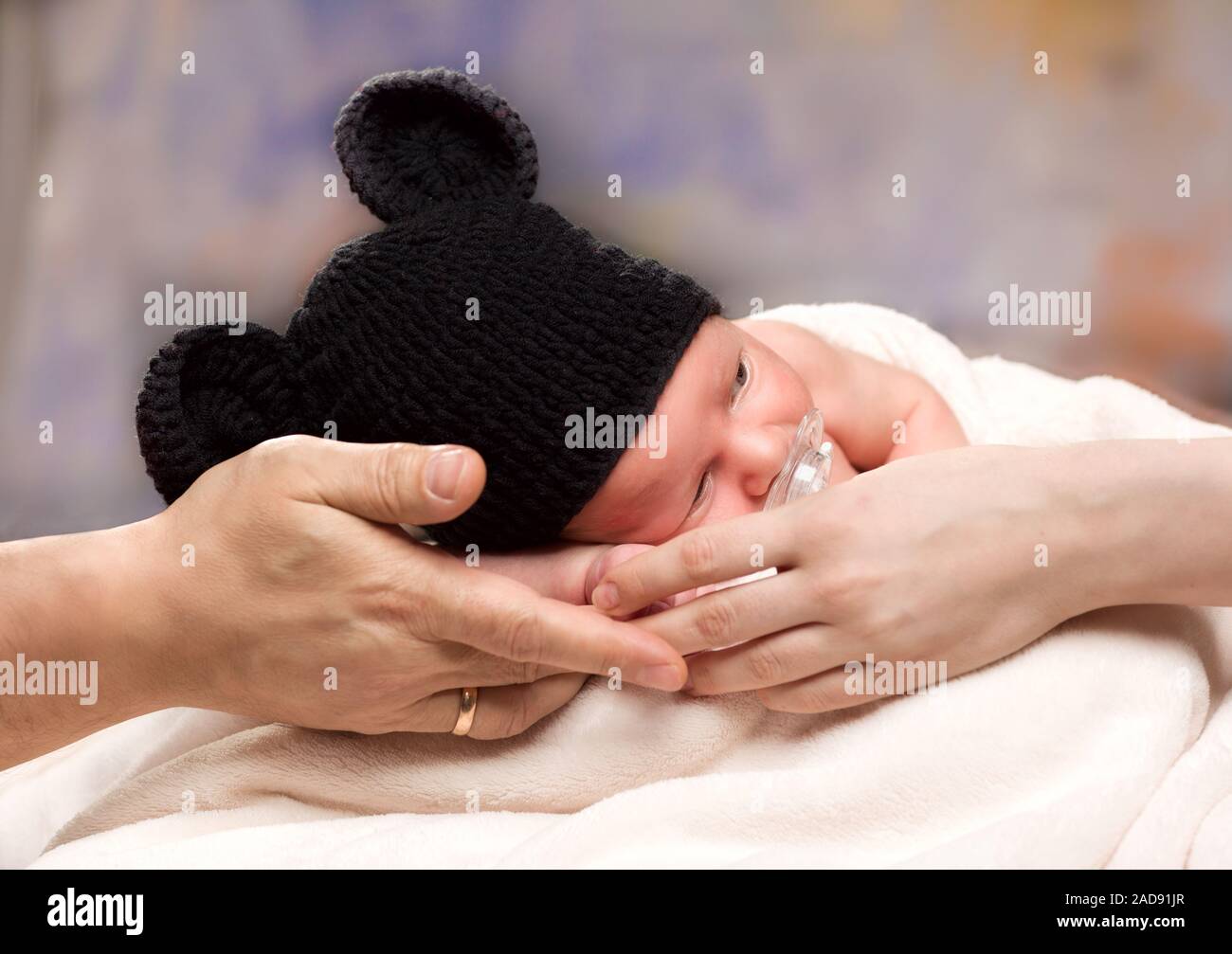 Newborn Baby Boy Sleeping on Parents Hands Stock Photo Alamy