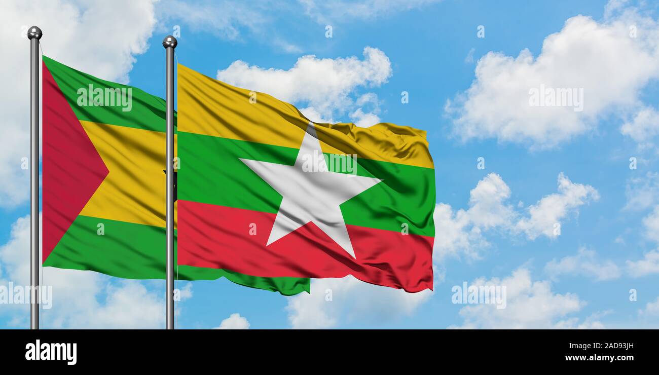 Sao Tome And Principe and Myanmar flag waving in the wind against white ...