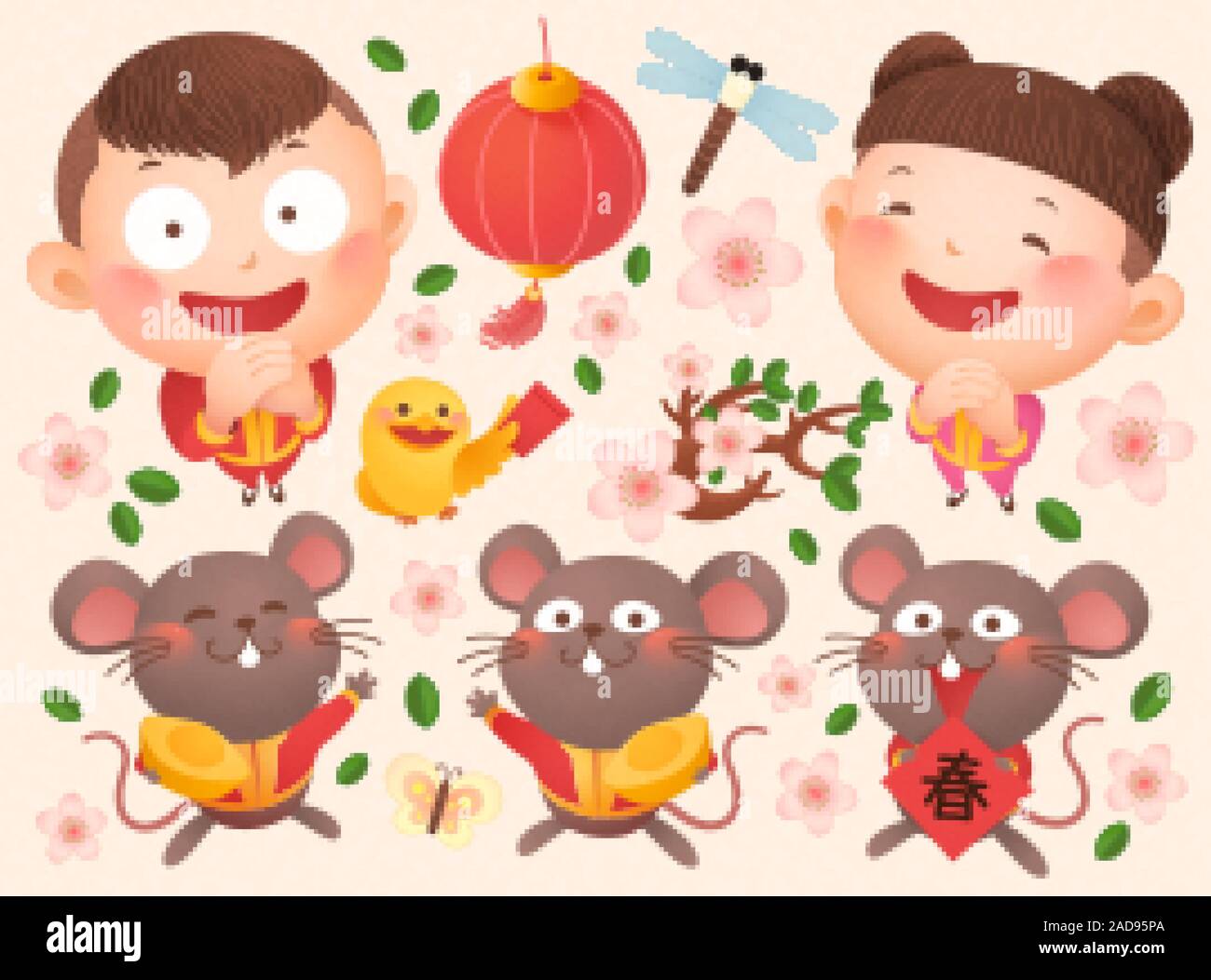 Lunar year children, rats and cherry blossoms illustration elements, Chinese text translation: Spring Stock Vector