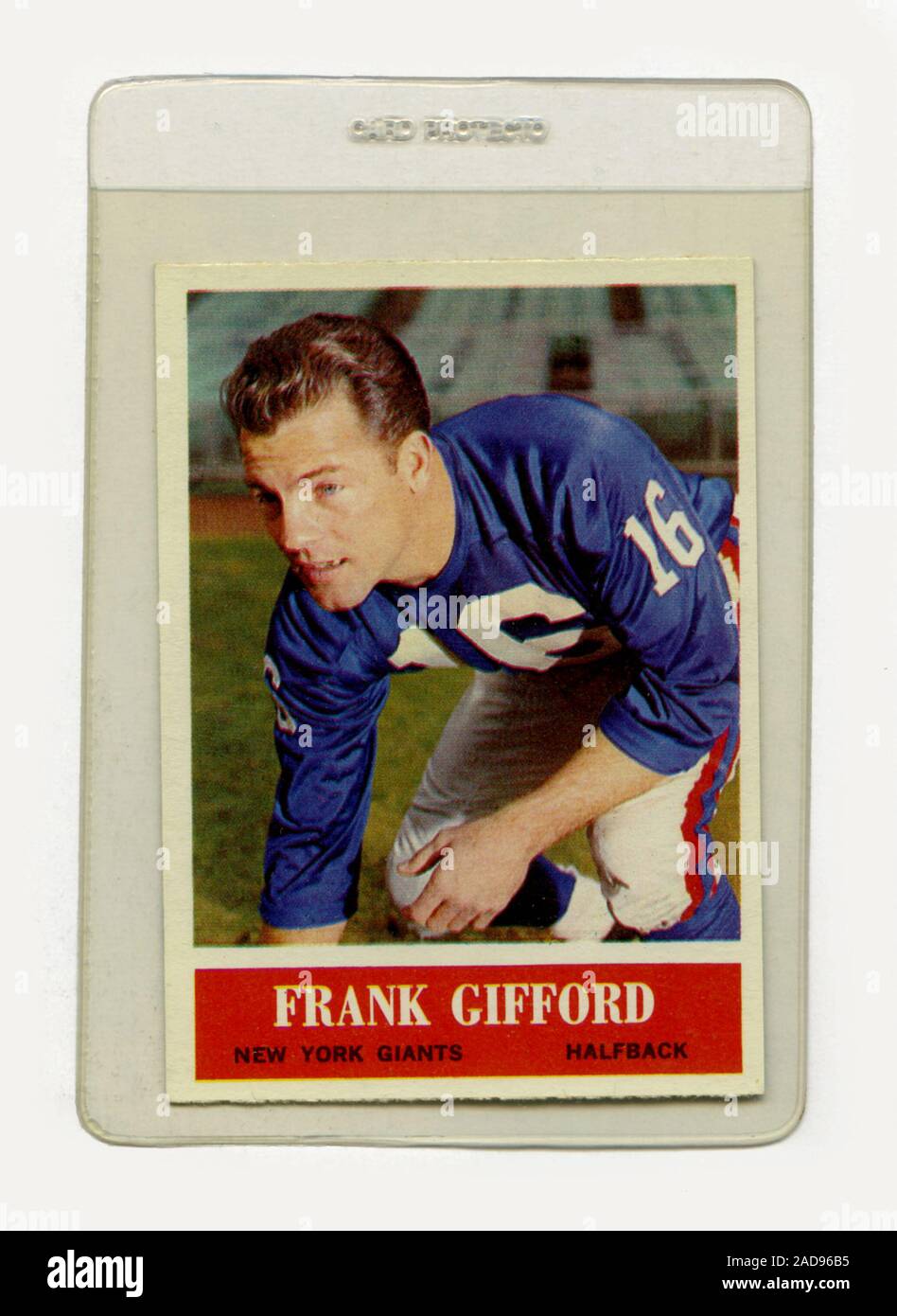 Vintage football card of Frank Gifford who was a halfback with the New Y .ork Giants of the NFL issued by Philadelphia Gum in 1964. Gifford later worked as a broadcaster. Stock Photo