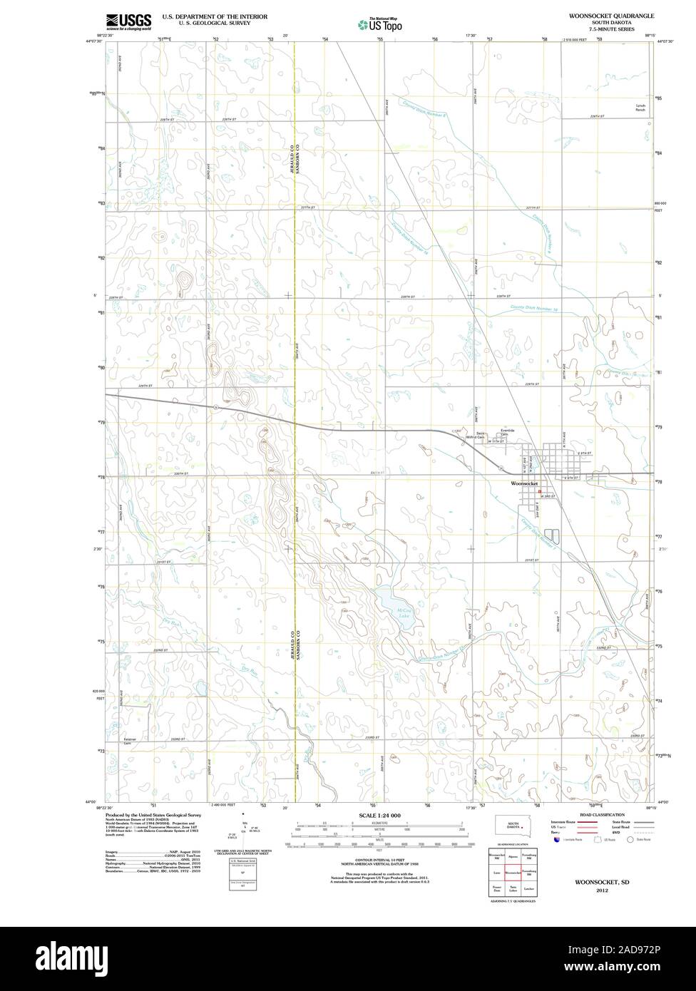 USGS TOPO Map South Dakota SD Woonsocket 20120608 TM Restoration Stock Photo