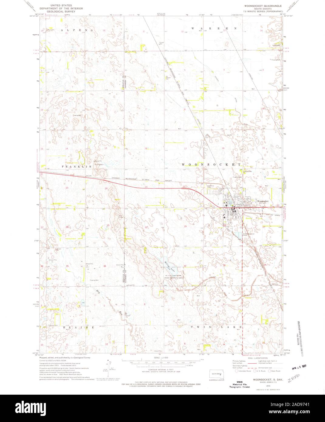 USGS TOPO Map South Dakota SD Woonsocket 344552 1973 24000 Restoration Stock Photo