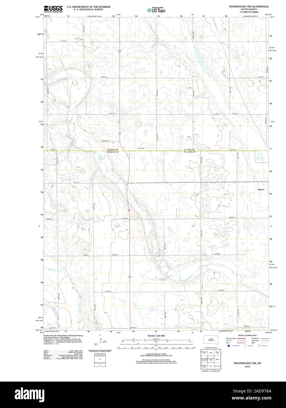 USGS TOPO Map South Dakota SD Woonsocket NW 20120608 TM Restoration Stock Photo