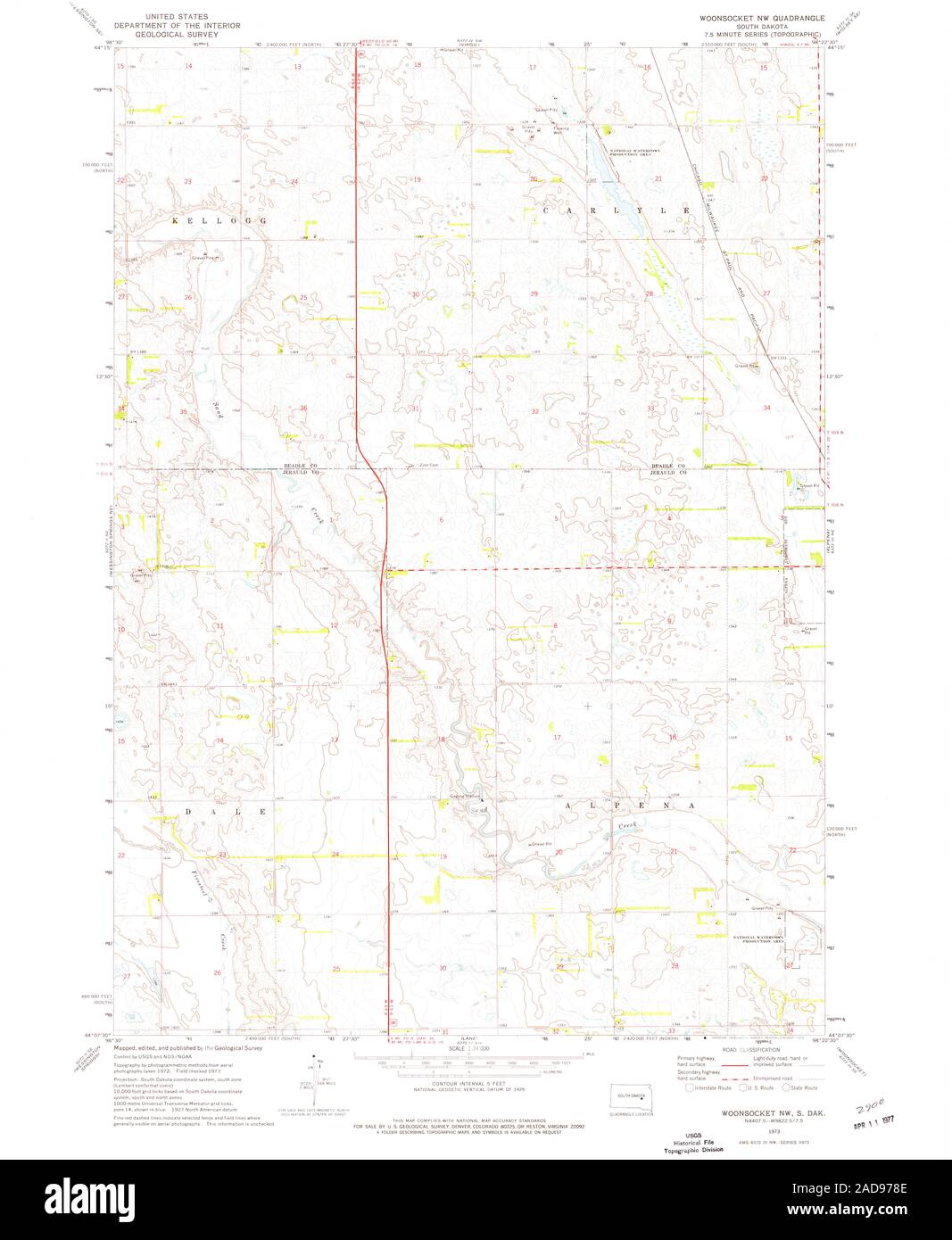 USGS TOPO Map South Dakota SD Woonsocket NW 344553 1973 24000 Restoration Stock Photo