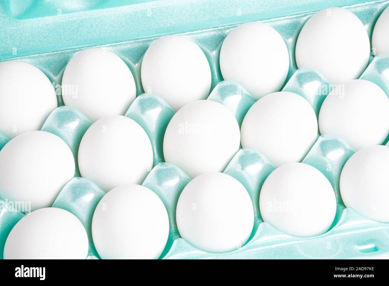 A closeup shot of a bright green styrofoam crate full of white eggs