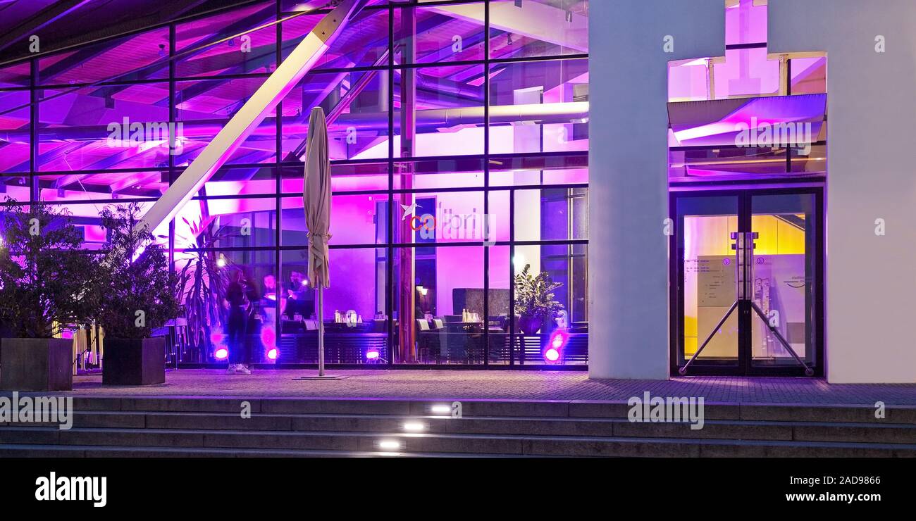 Modern restaurant in the evening, city of Muenster, North Rhine Westphalia, Germany, Europe Stock Photo