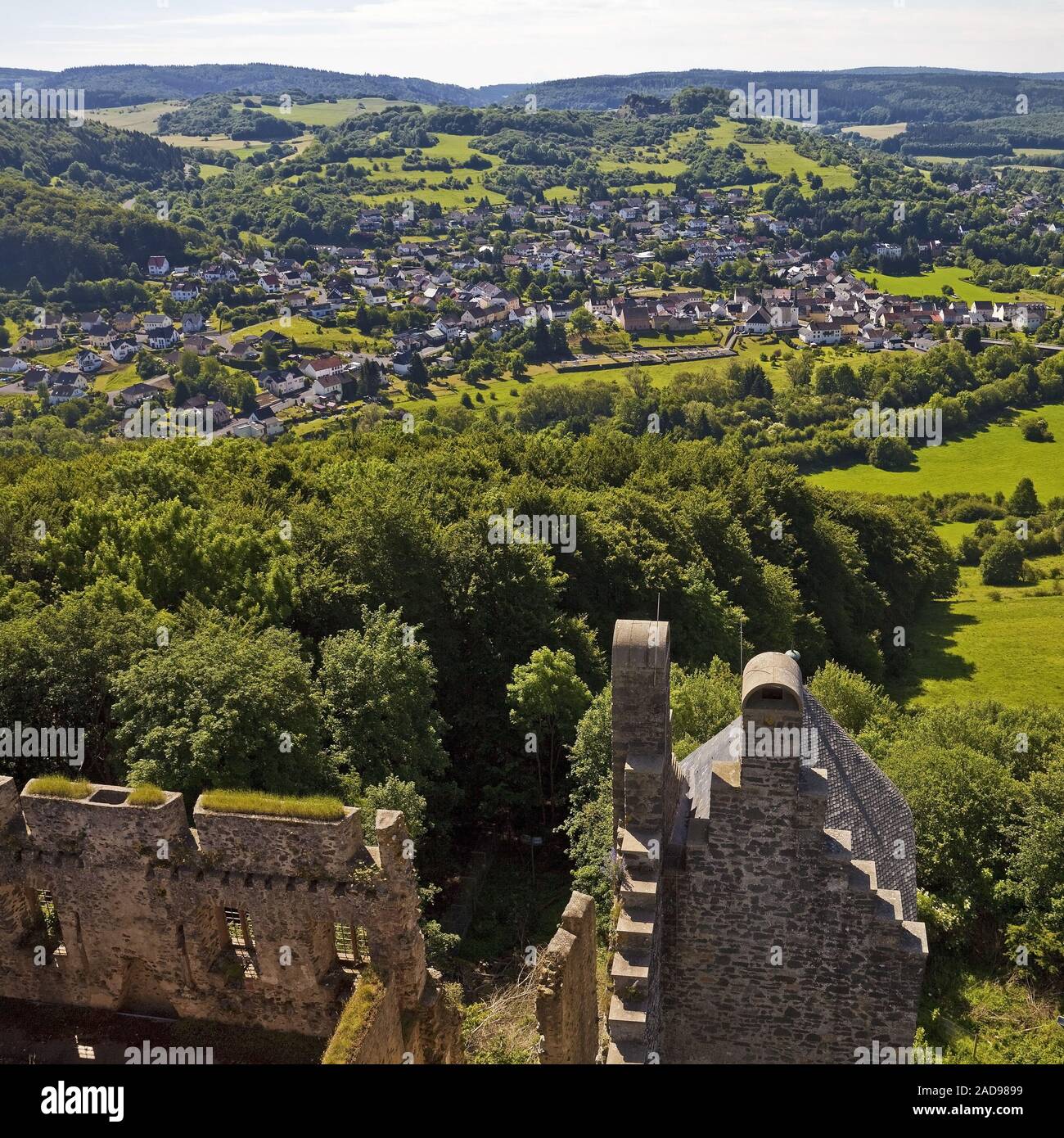 view from castle Kasselburg, Pelm, Vulkaneifel, Rhineland-Palatinate, Germany, Europe Stock Photo