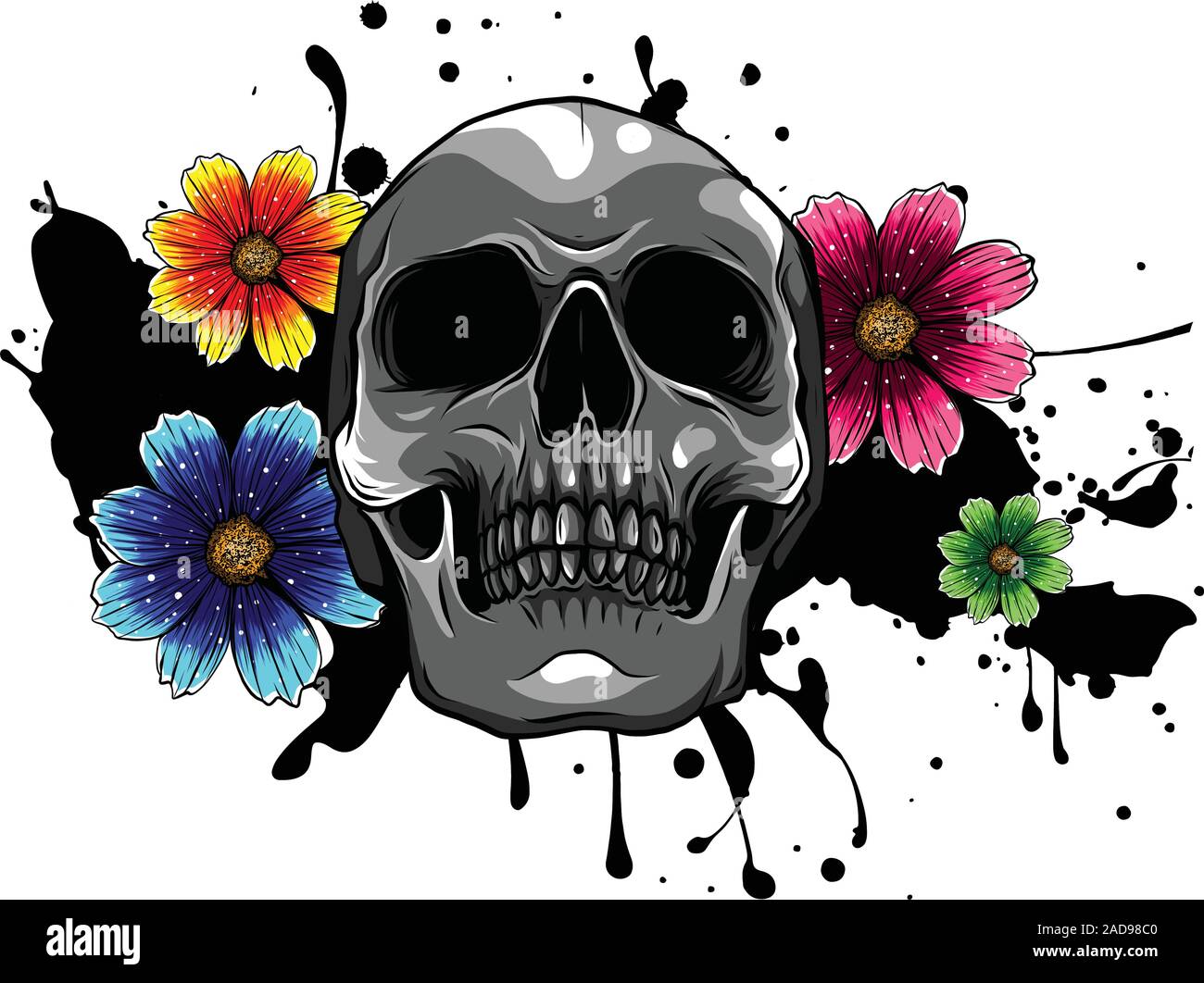 Skull and Flowers Day of The Dead, Vintage Vector illustration Stock ...