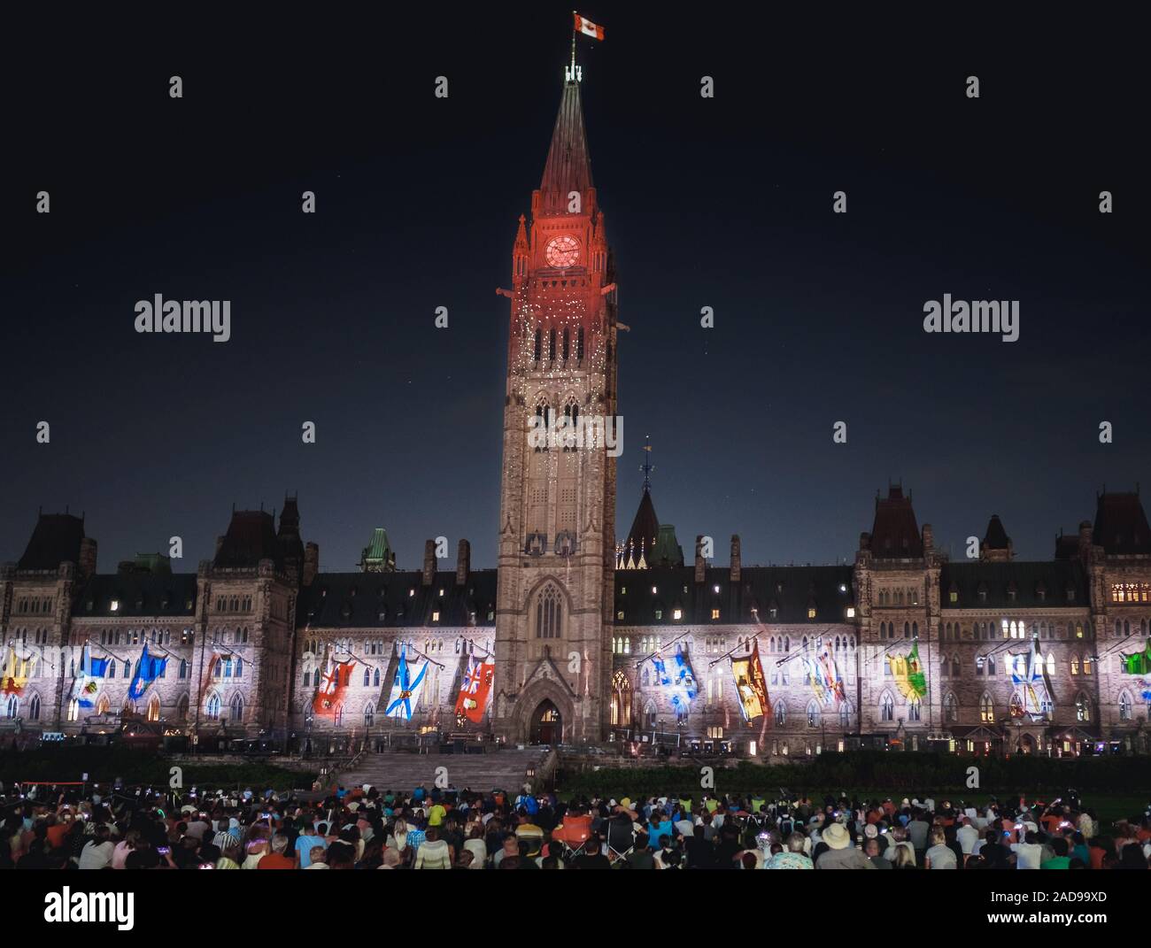 Northern Lights Light and Sound Show with crowd at Parliament Hill in