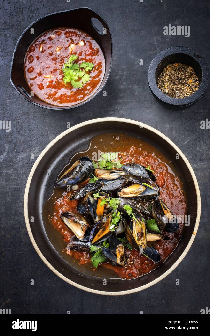 Traditional barbecue Italian blue mussel in tomato sauce with parsley and garlic in red wine sauce as top view on modern design Stock Photo