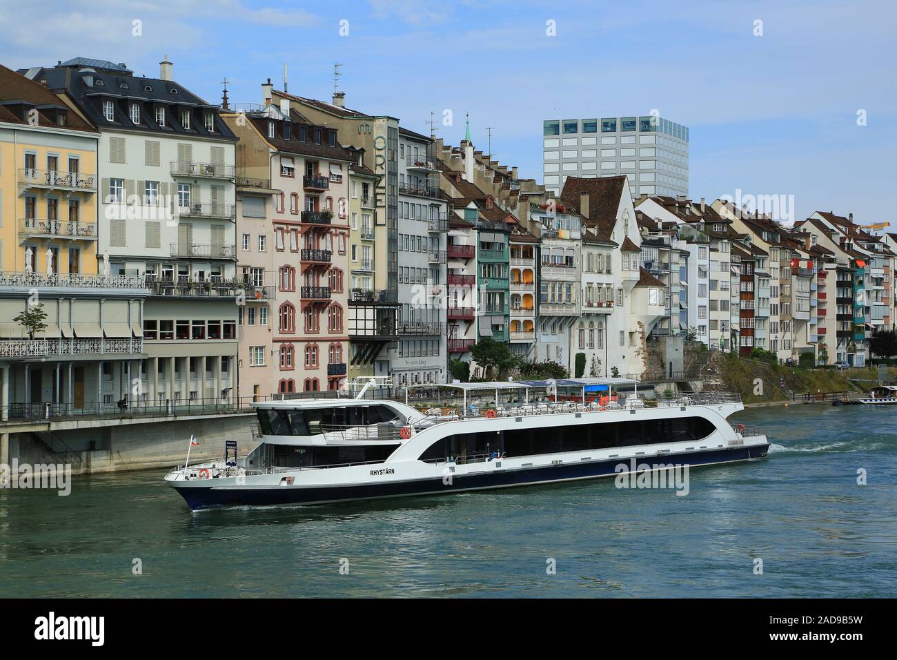 Basel Switzerland, Rhine bank Schifflände Passenger ship Rhystärn Stock Photo