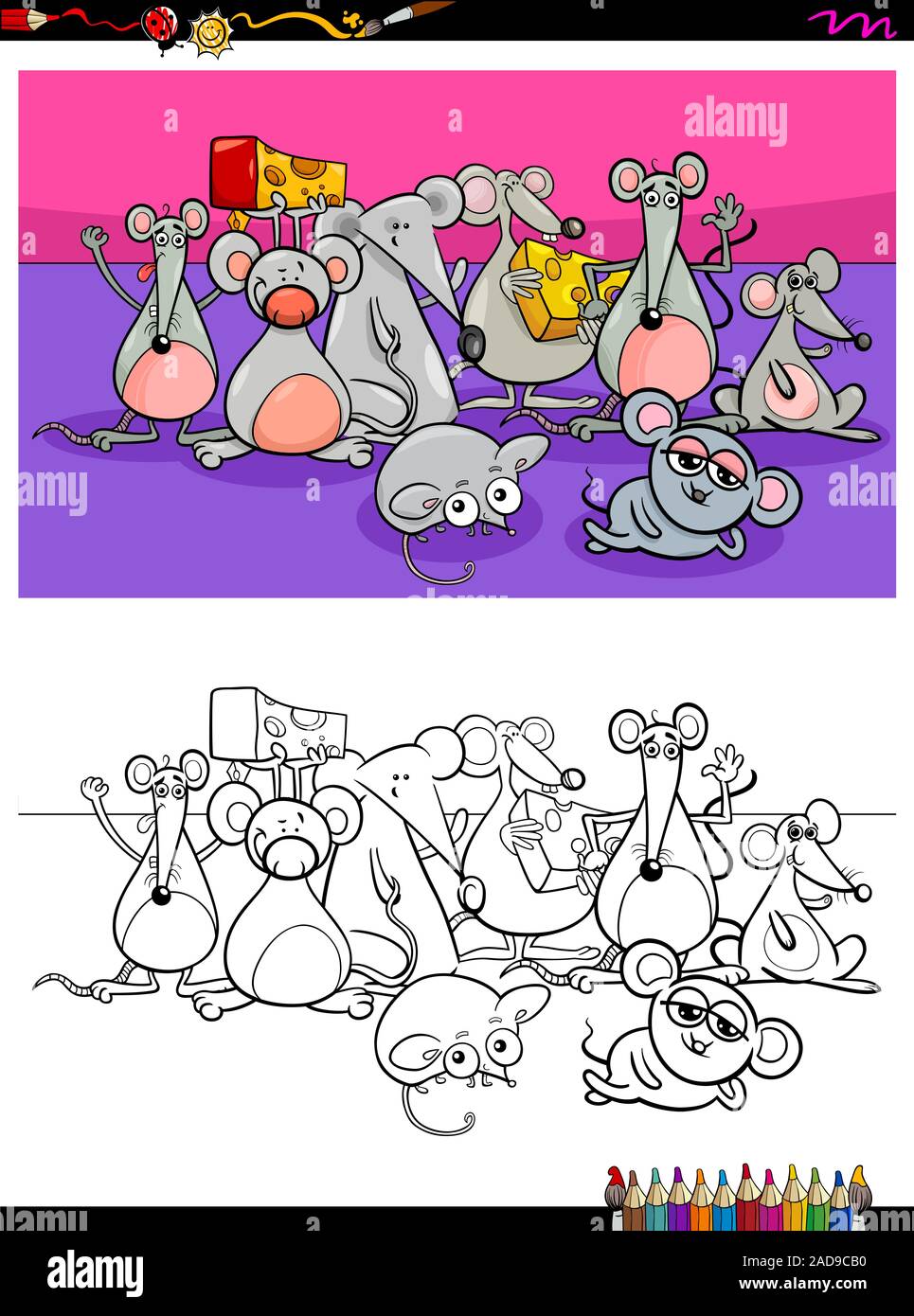 mice animal characters group coloring book Stock Photo - Alamy