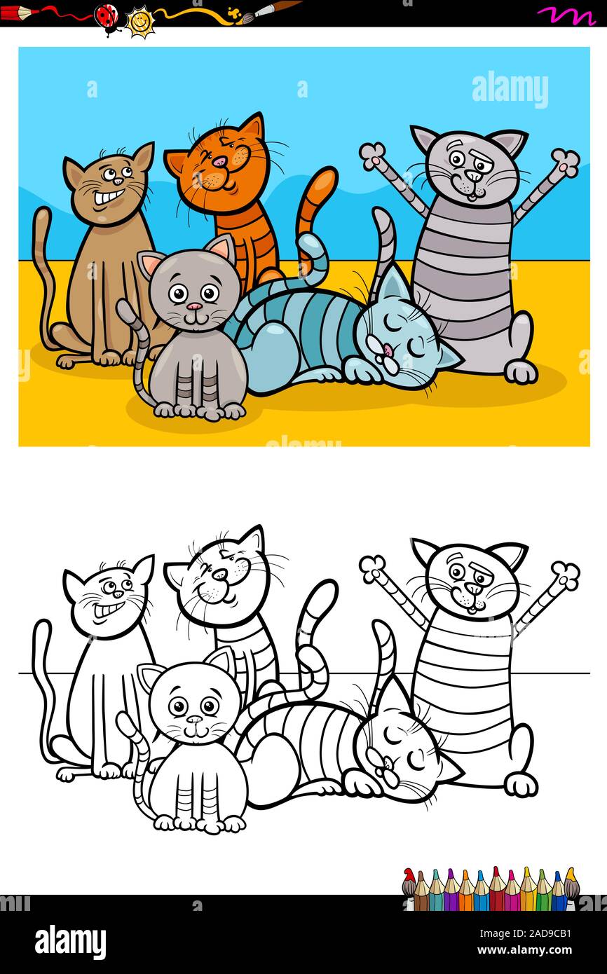 cats animal characters group coloring book Stock Photo - Alamy