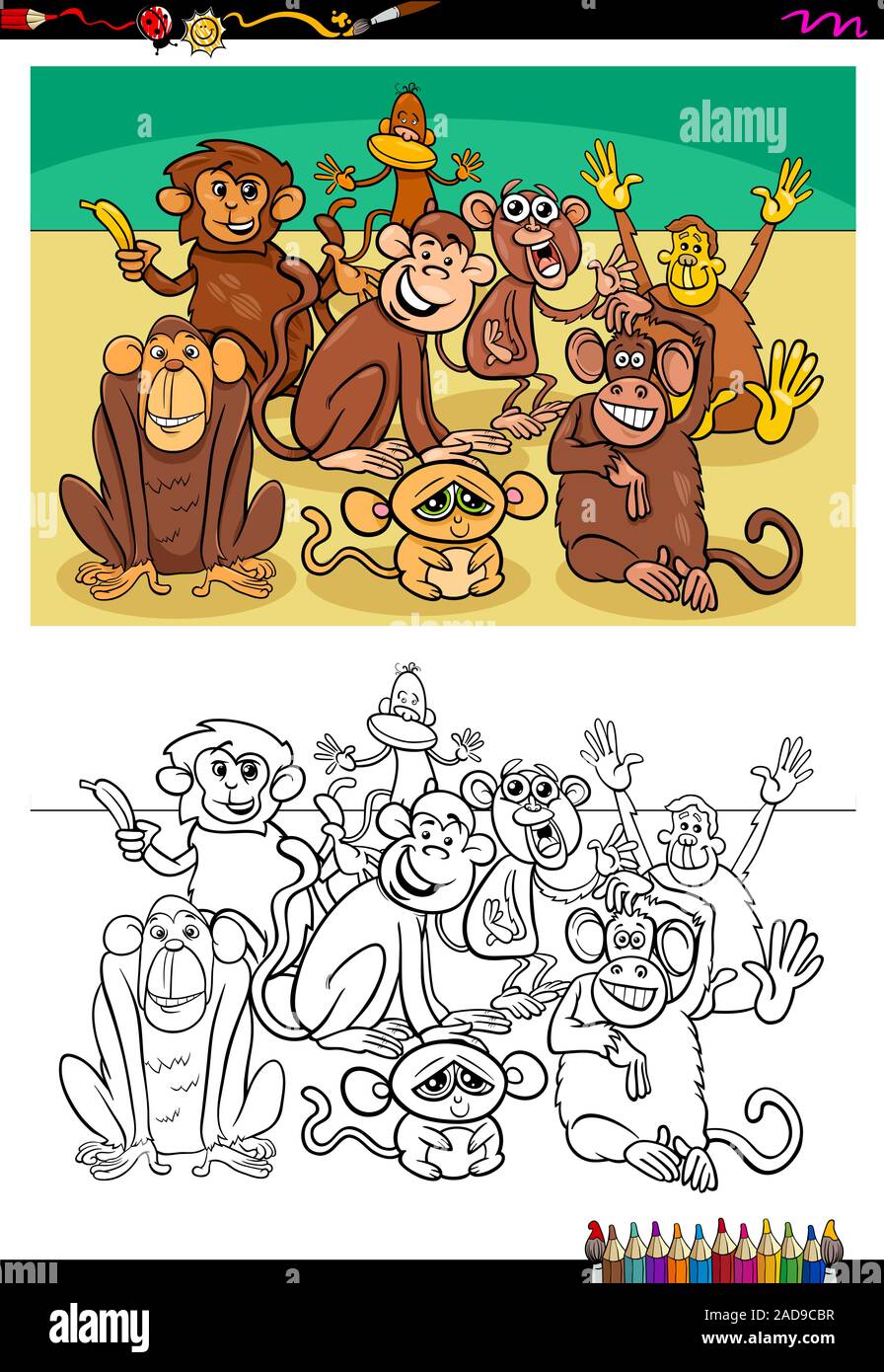monkeys animal characters group color book Stock Photo - Alamy