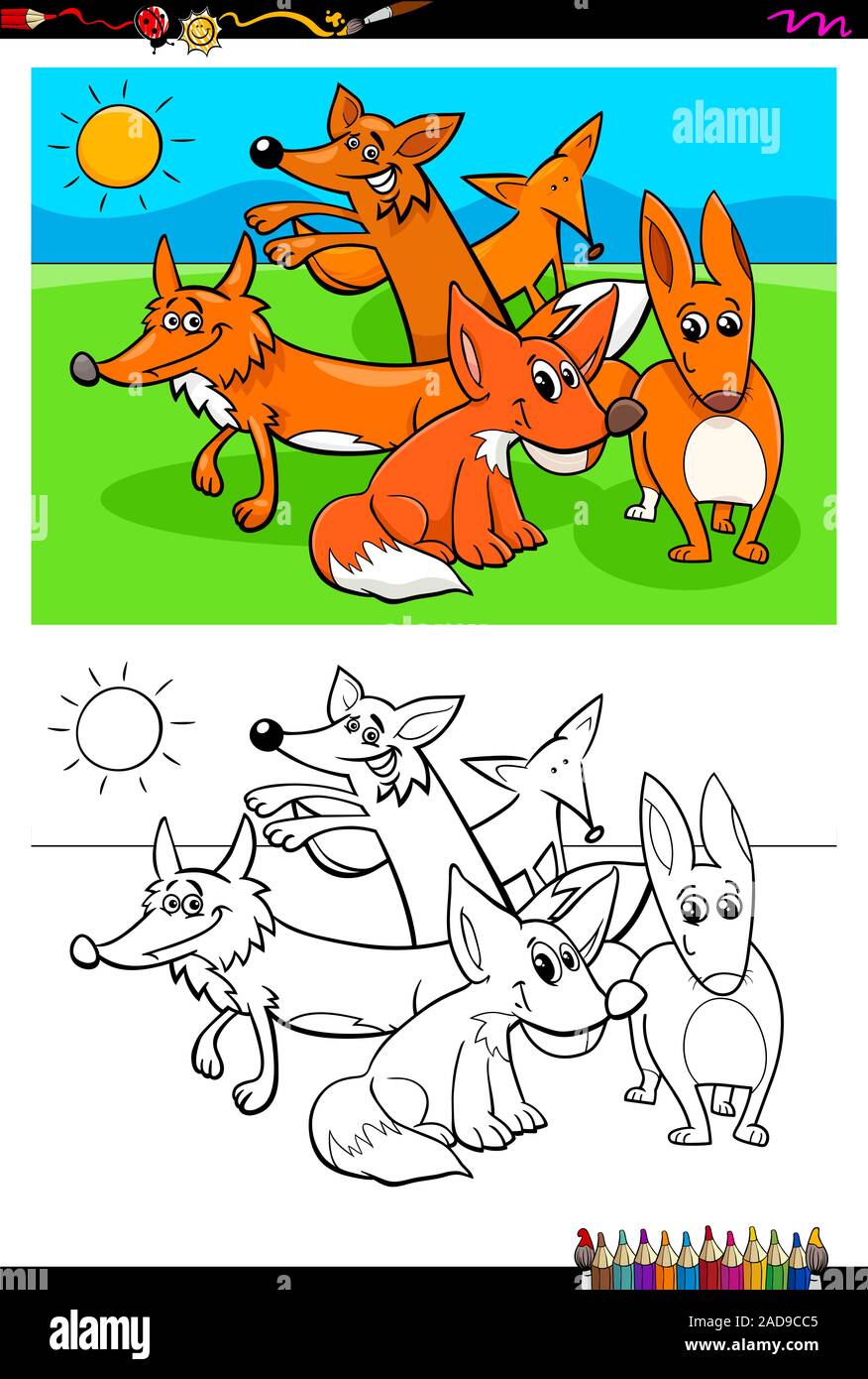 foxes animal characters group coloring book Stock Photo - Alamy