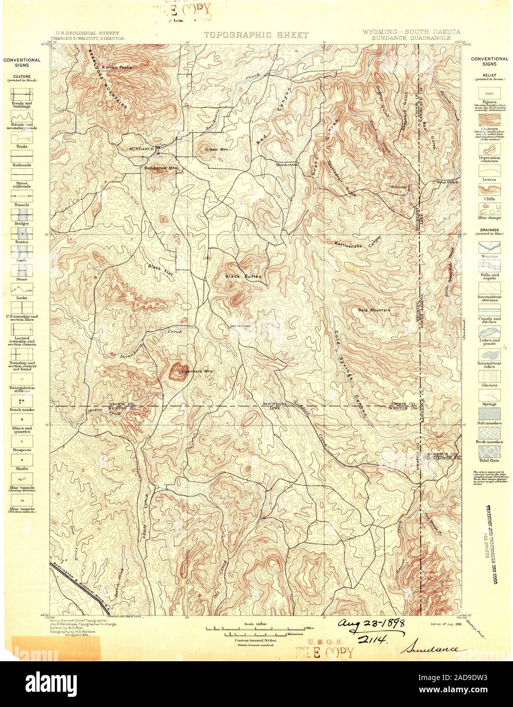 USGS TOPO Map South Dakota WY Sundance 342553 1898 125000 Restoration Stock Photo