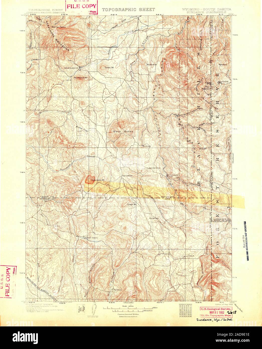 USGS TOPO Map South Dakota WY Sundance 342554 1902 125000 Restoration Stock Photo