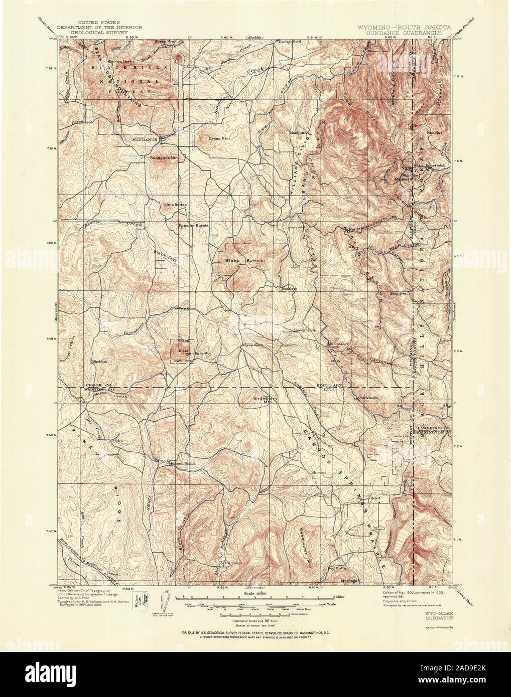 USGS TOPO Map South Dakota WY Sundance 342556 1902 125000 Restoration Stock Photo
