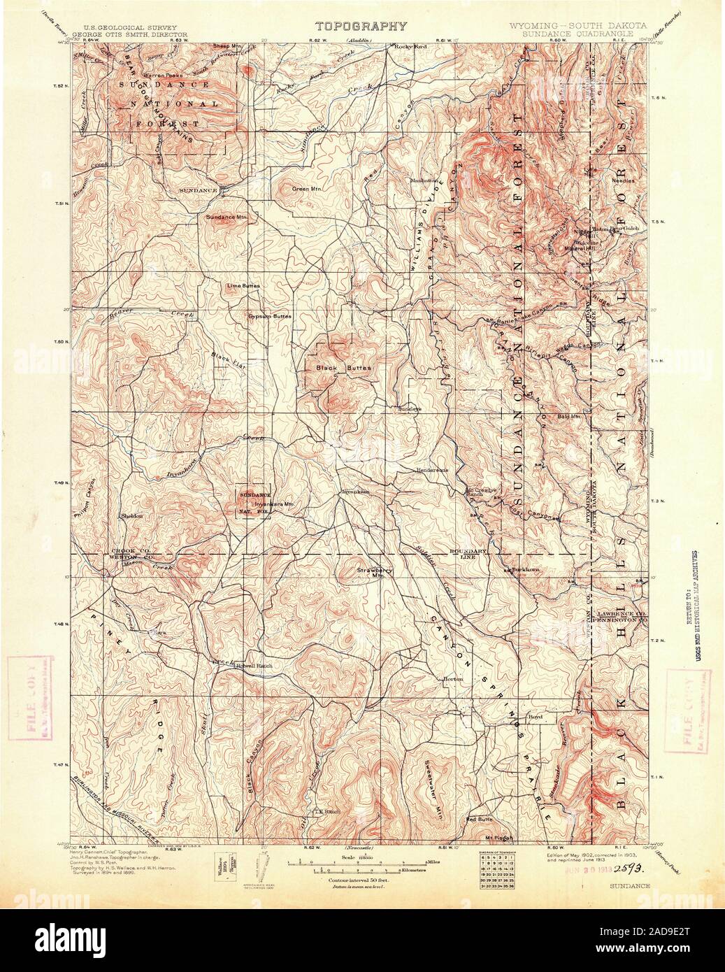 USGS TOPO Map South Dakota WY Sundance 342555 1902 125000 Restoration Stock Photo