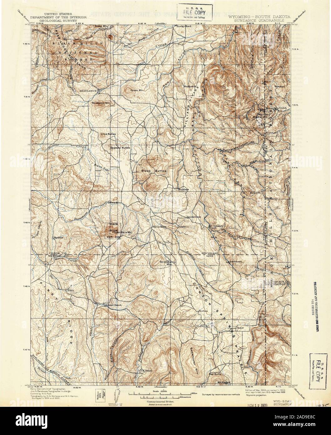 USGS TOPO Map South Dakota WY Sundance 342557 1902 125000 Restoration Stock Photo