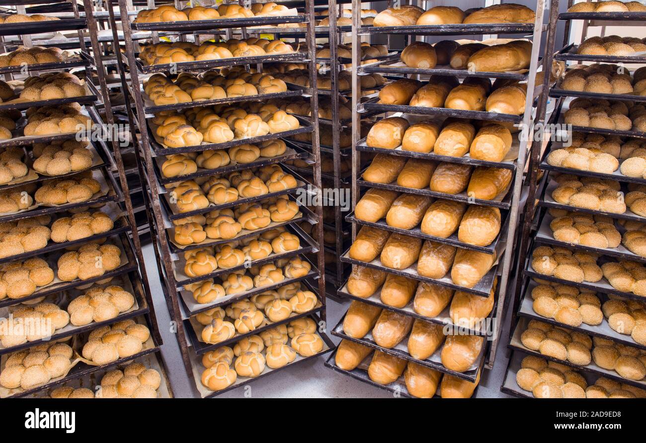 bread bakery food factory production with fresh products Stock Photo