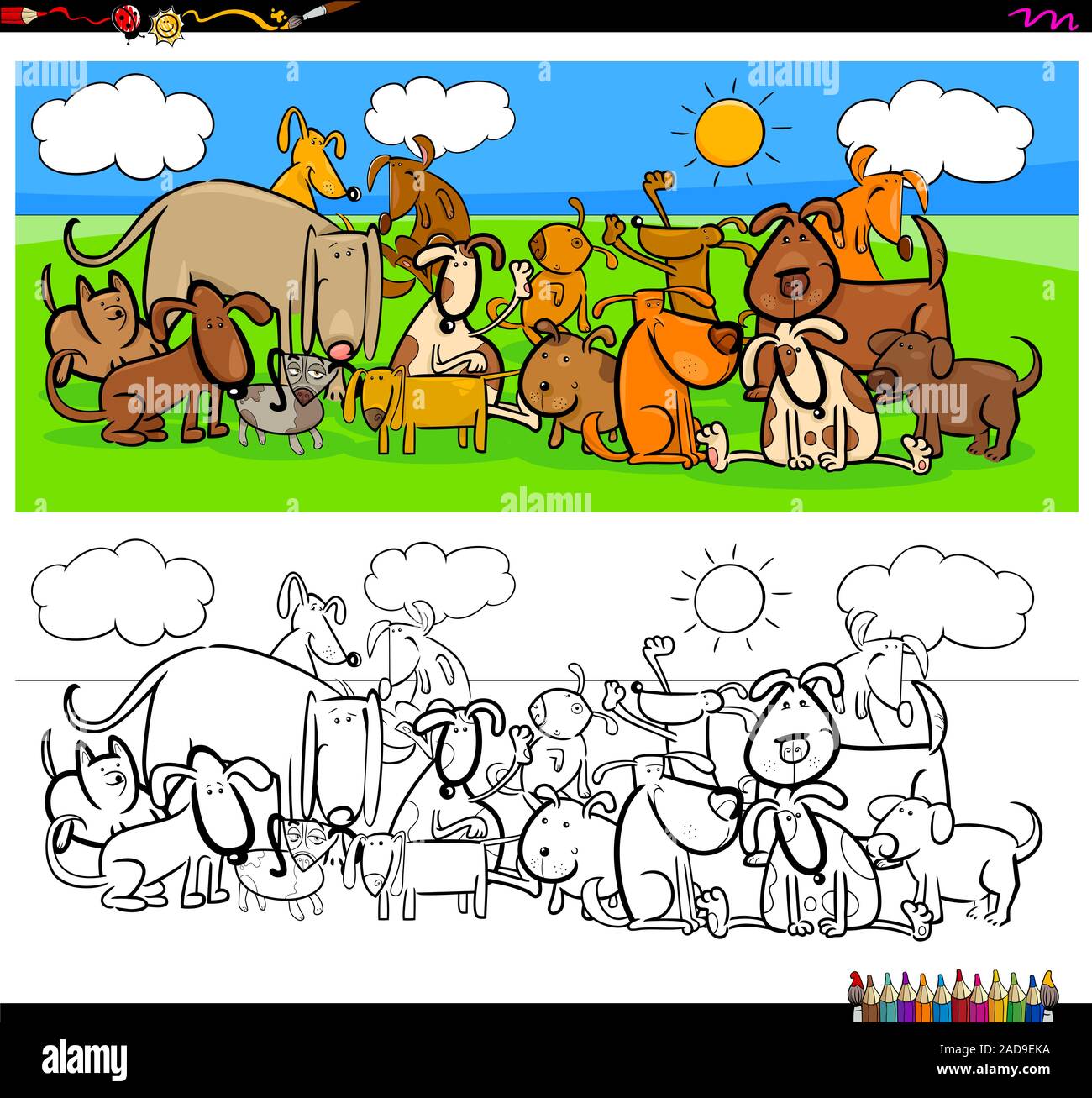 dogs animal characters large group color book Stock Photo - Alamy