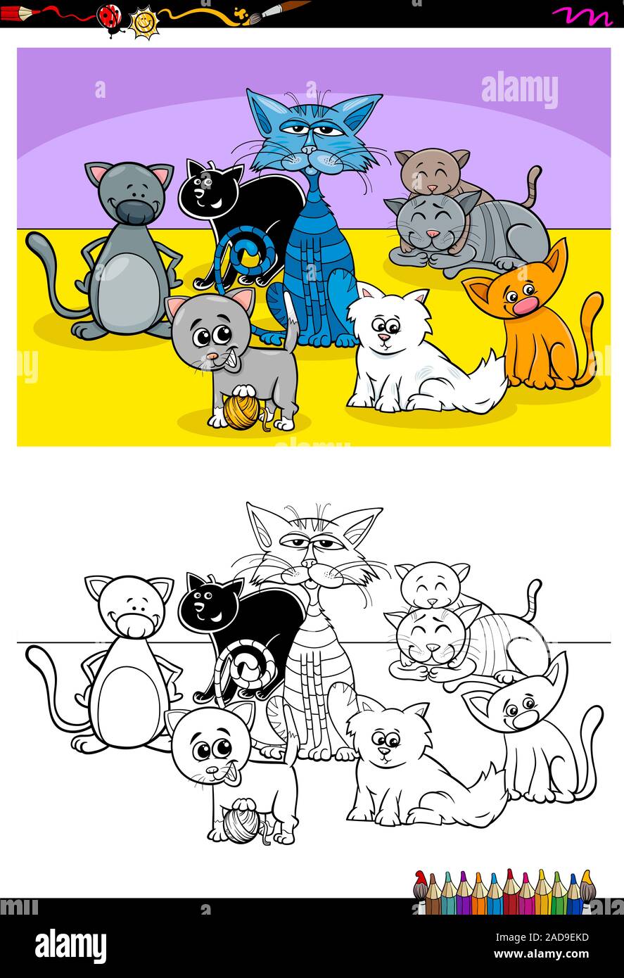 funny cats animal characters group color book Stock Photo - Alamy
