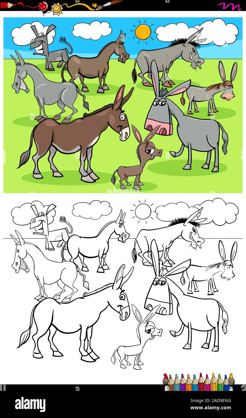 donkeys farm animal characters group color book Stock Photo - Alamy