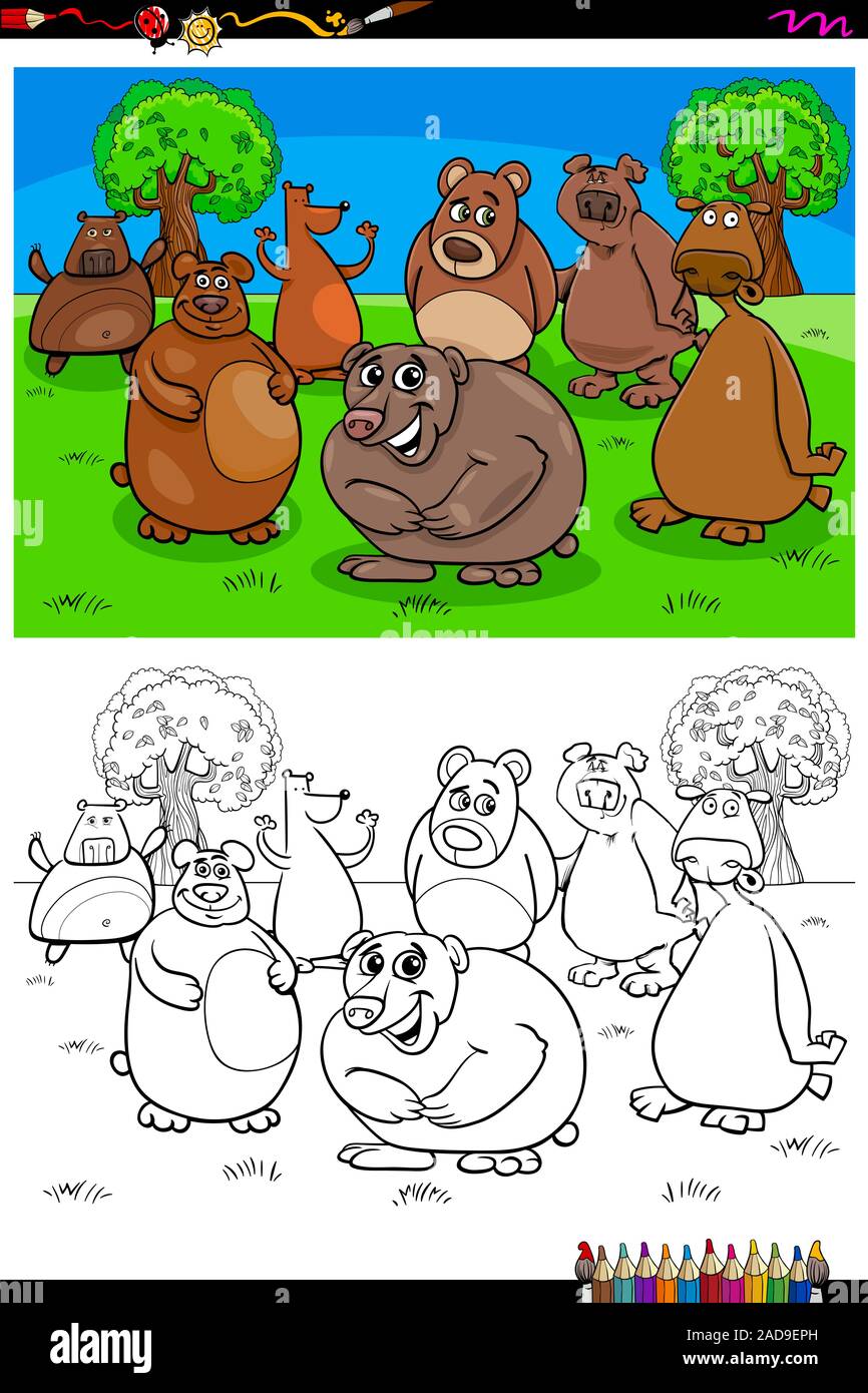 happy bears animal characters group color book Stock Photo - Alamy