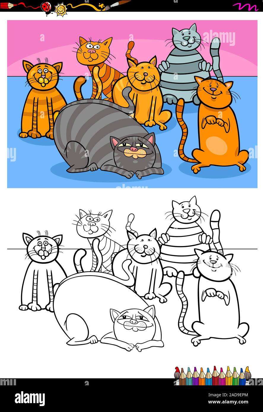 happy cats animal characters group color book Stock Photo - Alamy