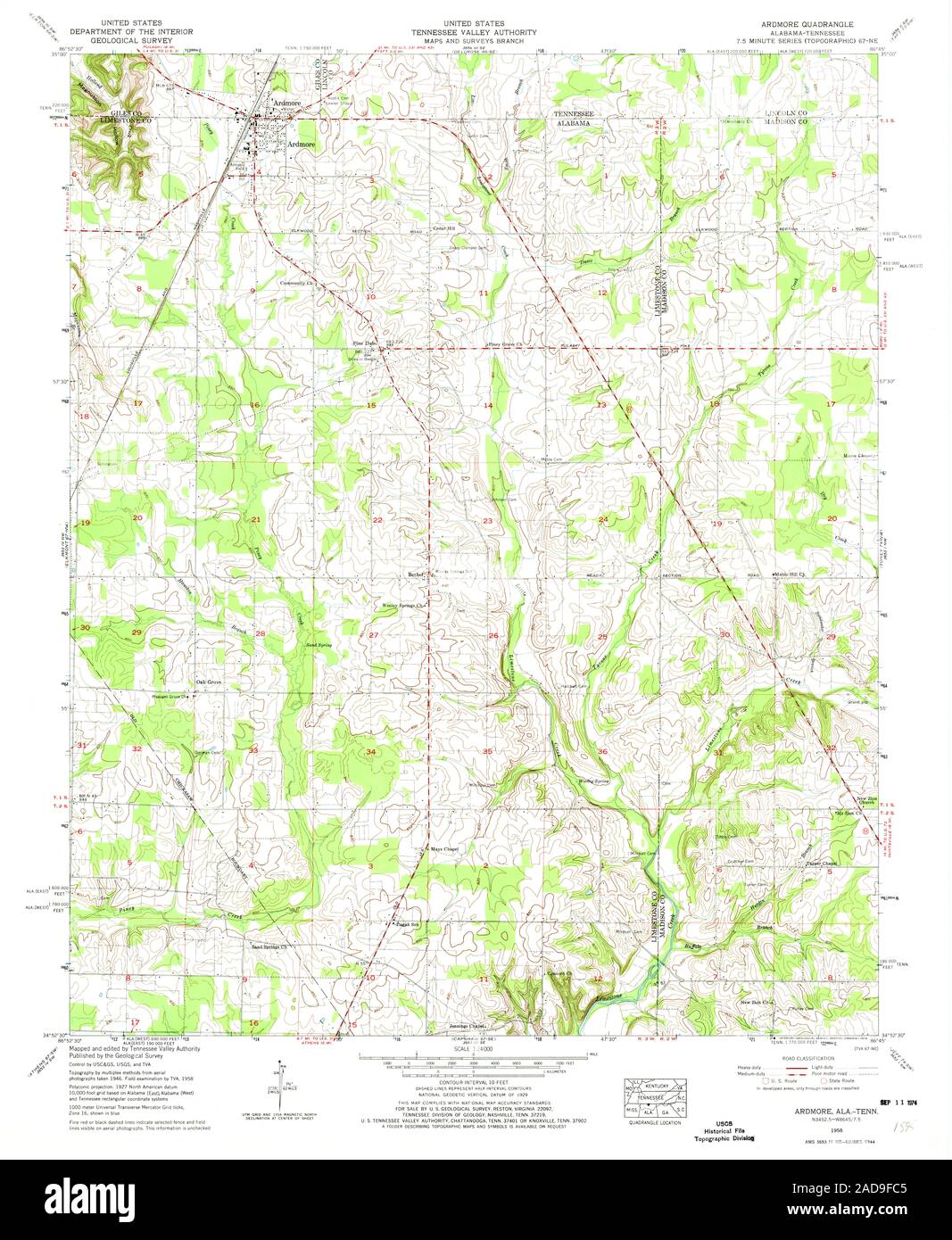 USGS TOPO Map Tennessee AL Ardmore 303129 1958 24000 Restoration Stock