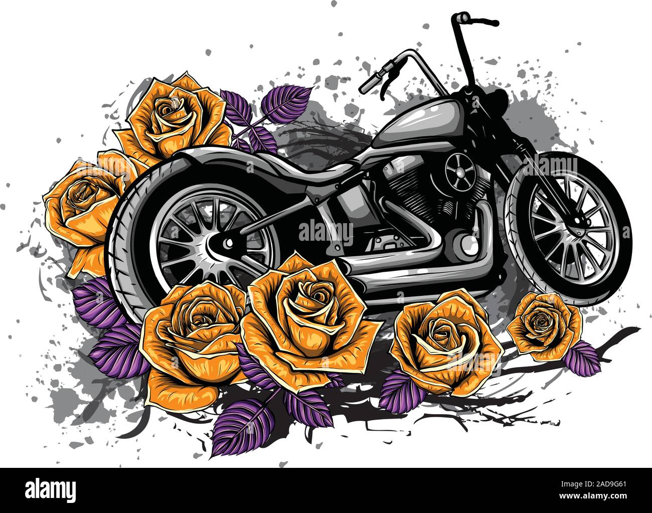 vector illustation vintage chopper motorcycle and roses poster Stock Vector