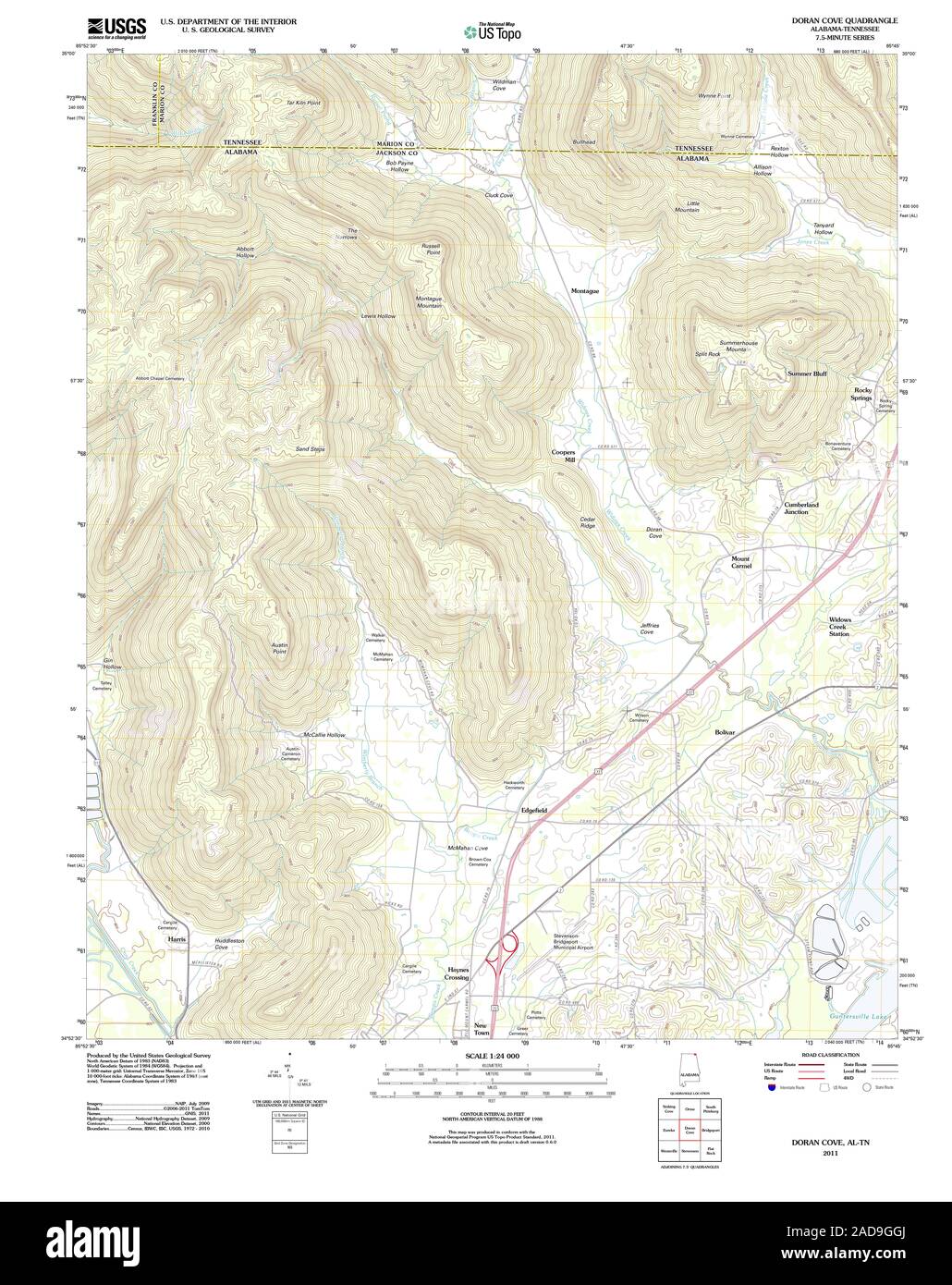 USGS TOPO Map Tennessee AL Doran Cove 20111013 TM Restoration Stock