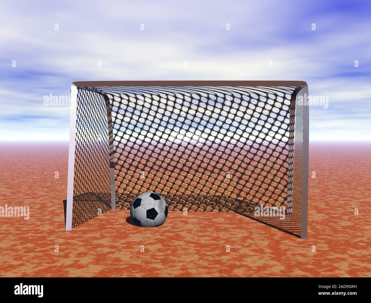 Soccer goal on clay court with ball Stock Photo