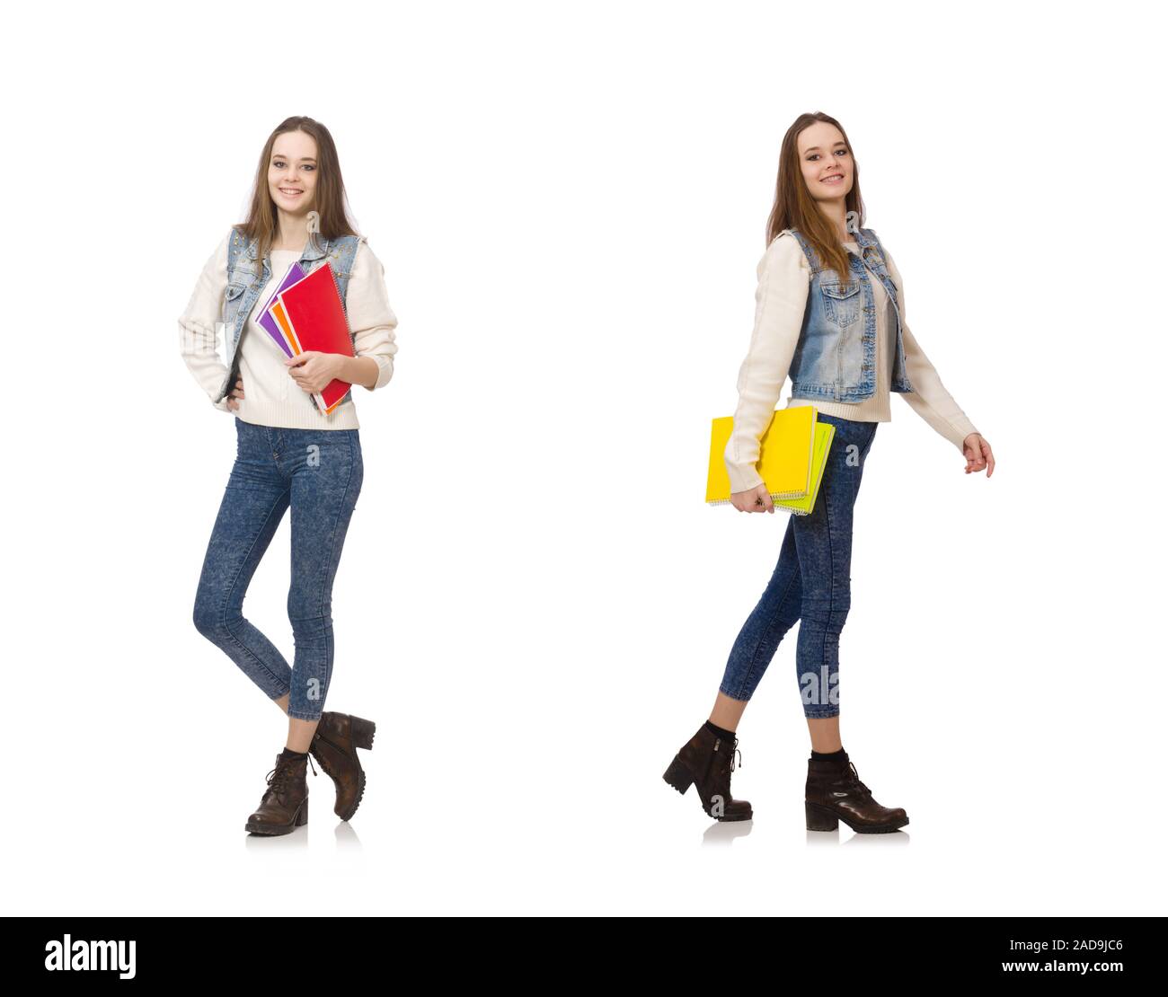 Pretty student holding textbooks isolated on white Stock Photo - Alamy