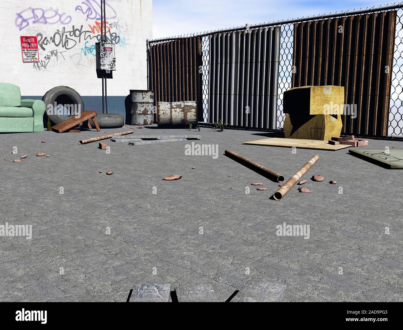 old backyard with couch and bulky garbage Stock Photo Alamy