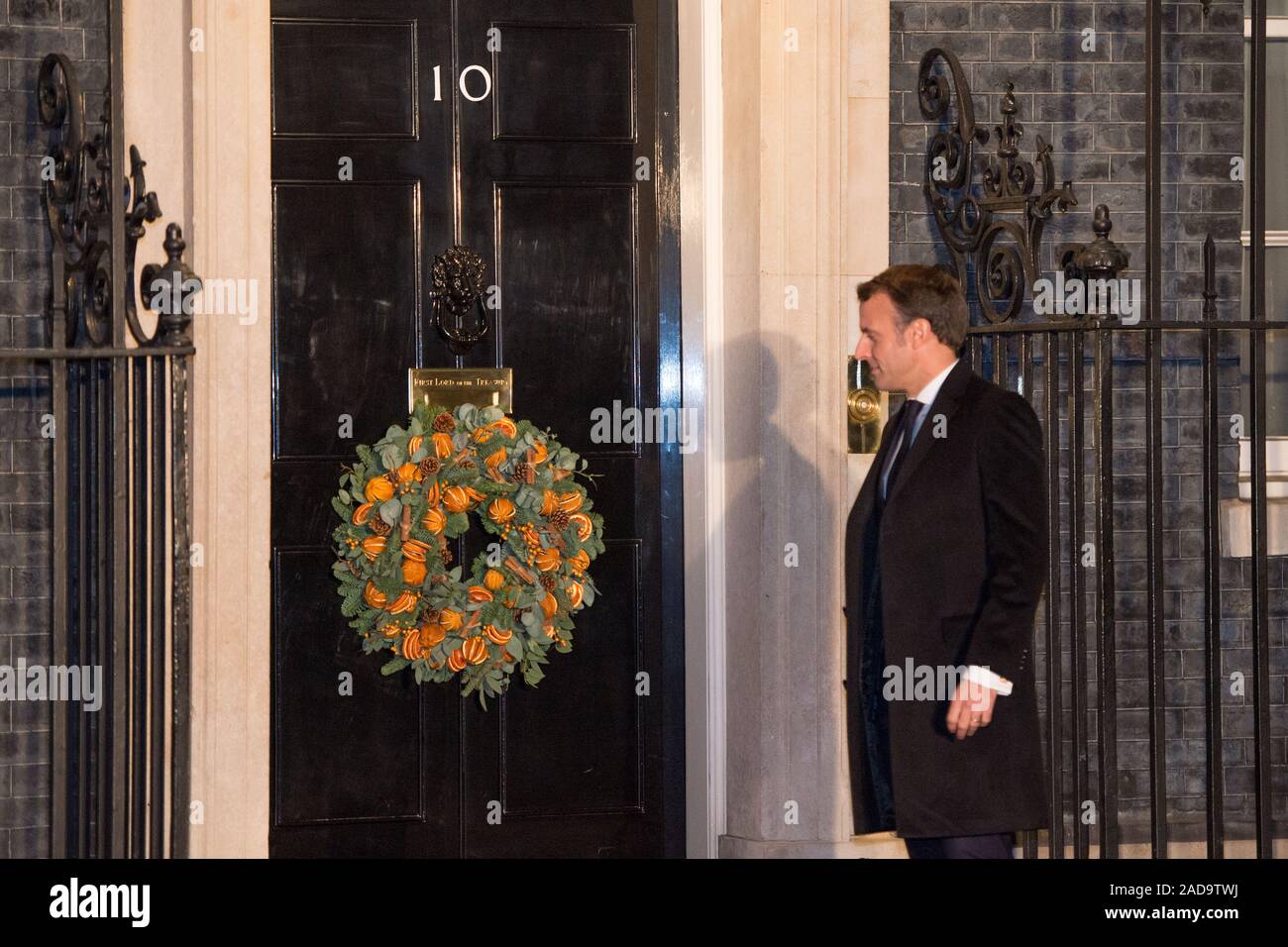 London, UK. 3 December 2019.  Pictured: Emmanuel Macron - President of France. Boris Johnson, UK Prime Minister hosts a reception with foreign leaders ahead of the NATO (North Atlantic Treaty Organisation) meeting on the 4th December. Credit: Colin Fisher/Alamy Live News. Stock Photo