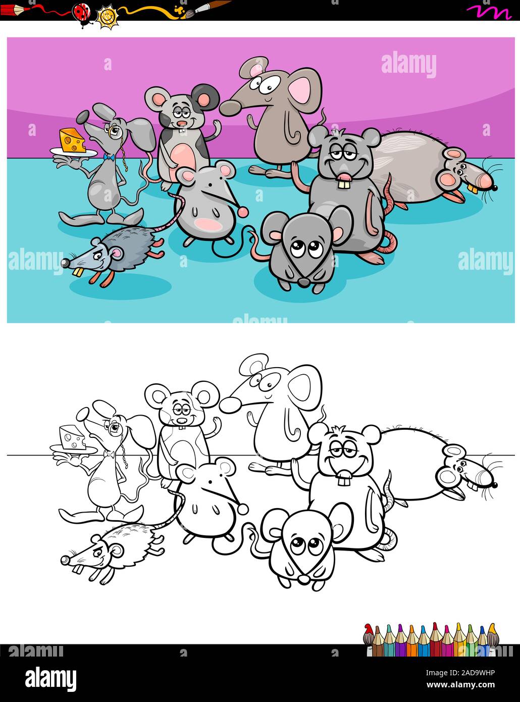 happy mice animal characters group color book Stock Photo - Alamy