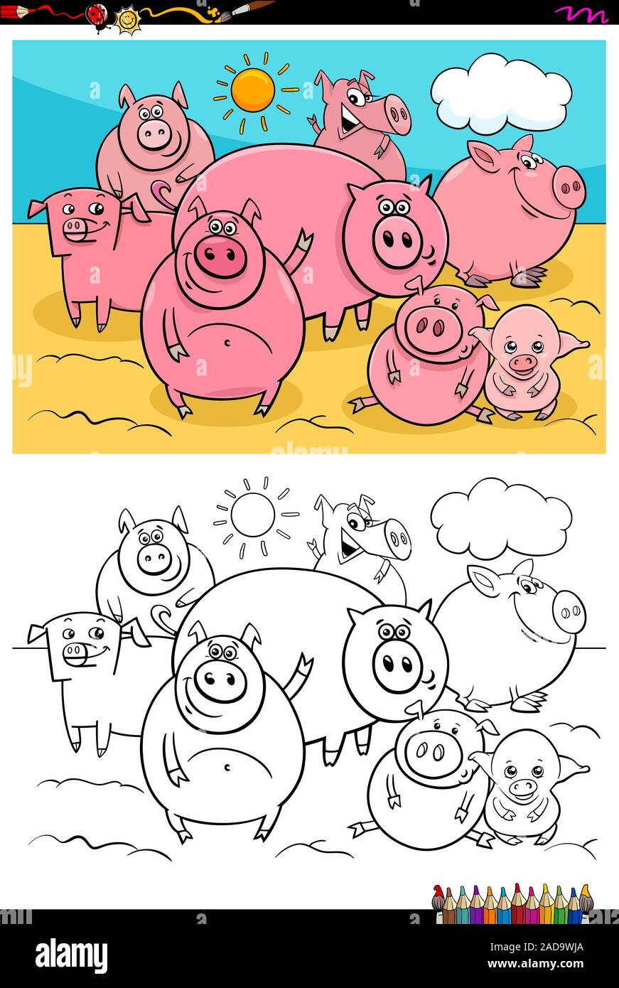 happy pigs animal characters group color book Stock Photo - Alamy