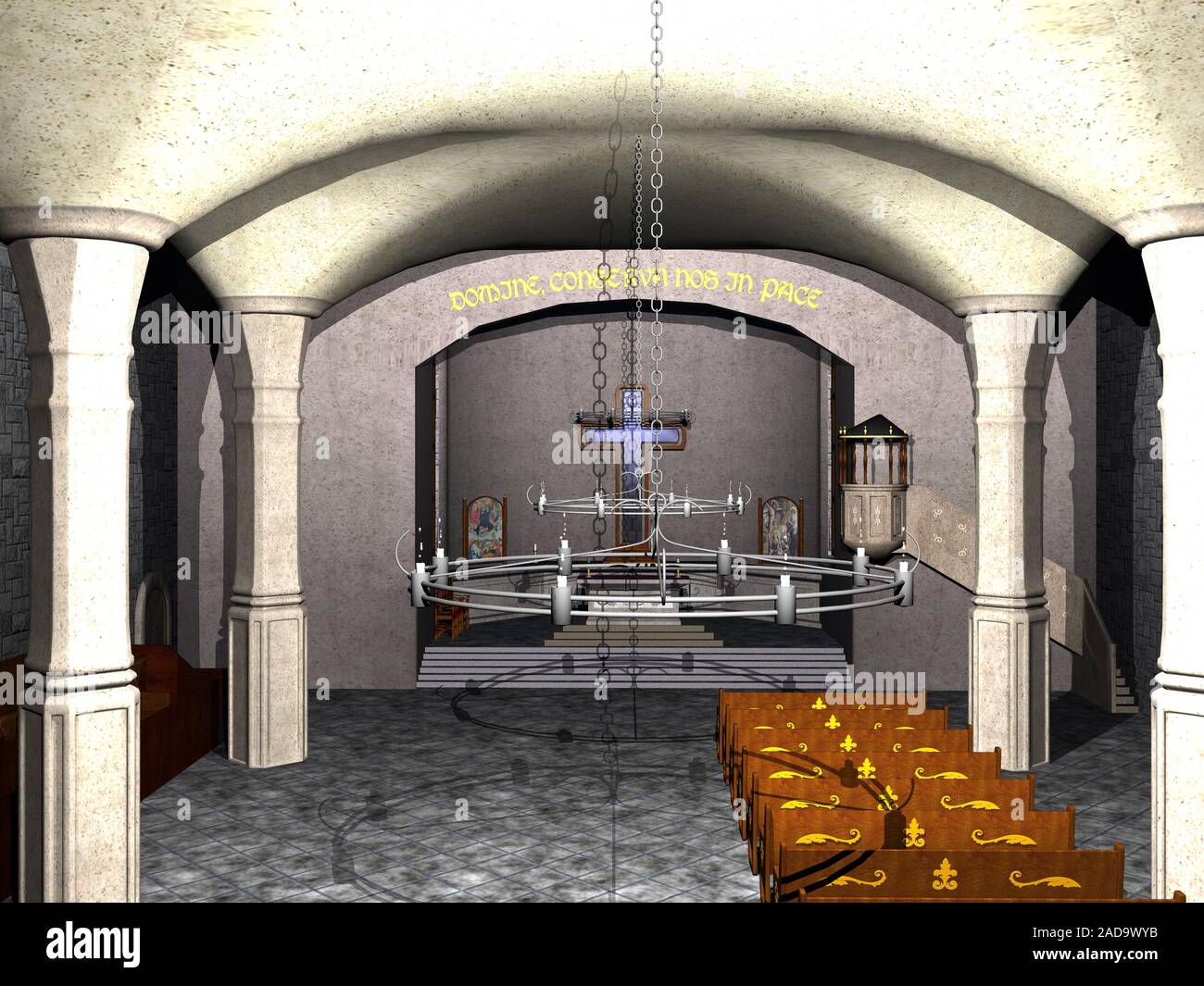 old church with benches and altar Stock Photo Alamy