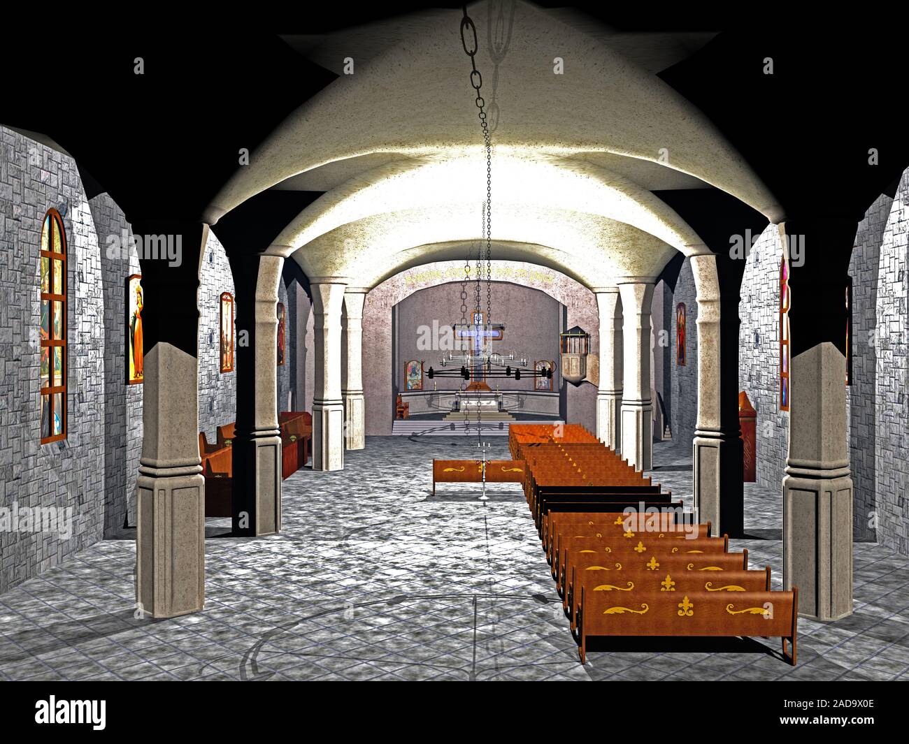 old church with benches and altar Stock Photo Alamy