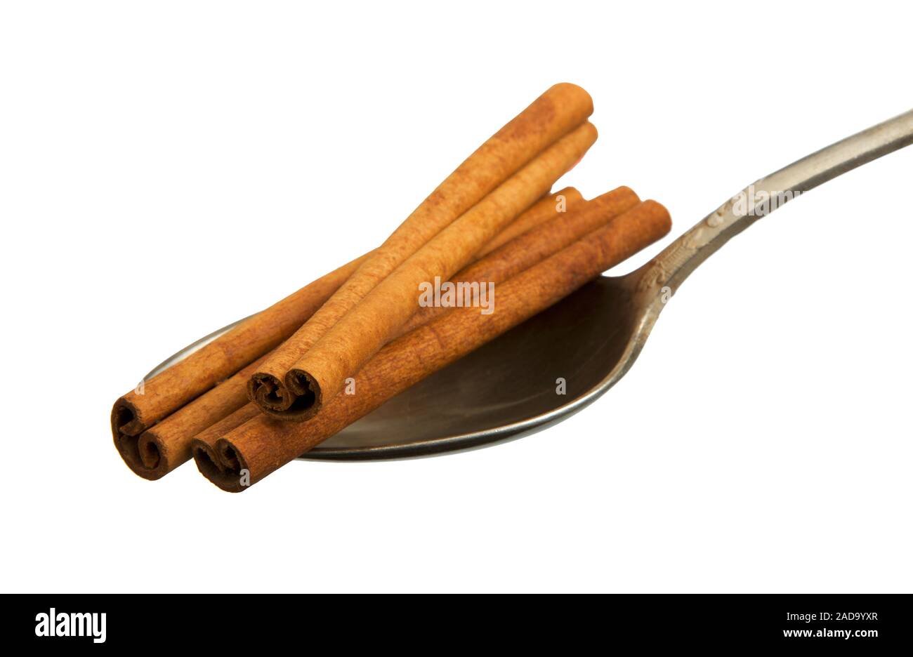 Dry hazel sticks in an old spoon isolated on a white background. Seasoning on isolate. View from above. Close up view of cinnamo Stock Photo